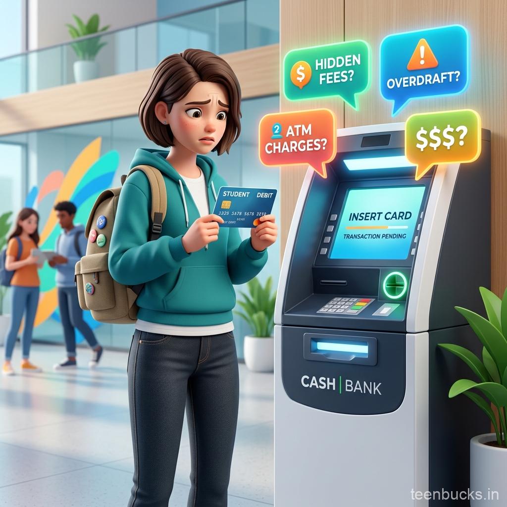 Student holding debit card at ATM worried about Kotak 811 withdrawal charges