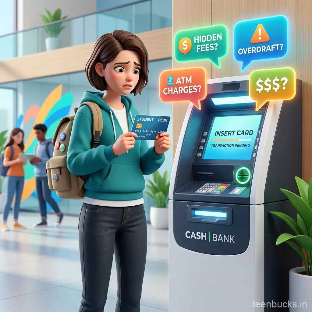 Student holding debit card at ATM worried about Kotak 811 withdrawal charges