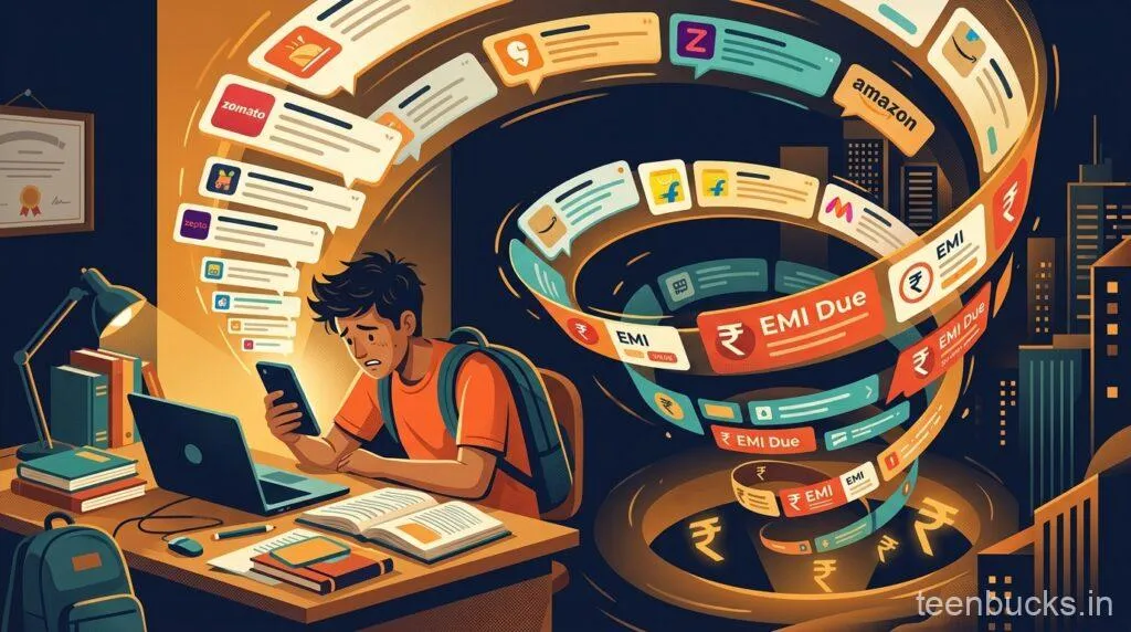 Indian student stressed by Zomato Zepto Swiggy EMI debt notifications - BNPL trap for students India 2026
