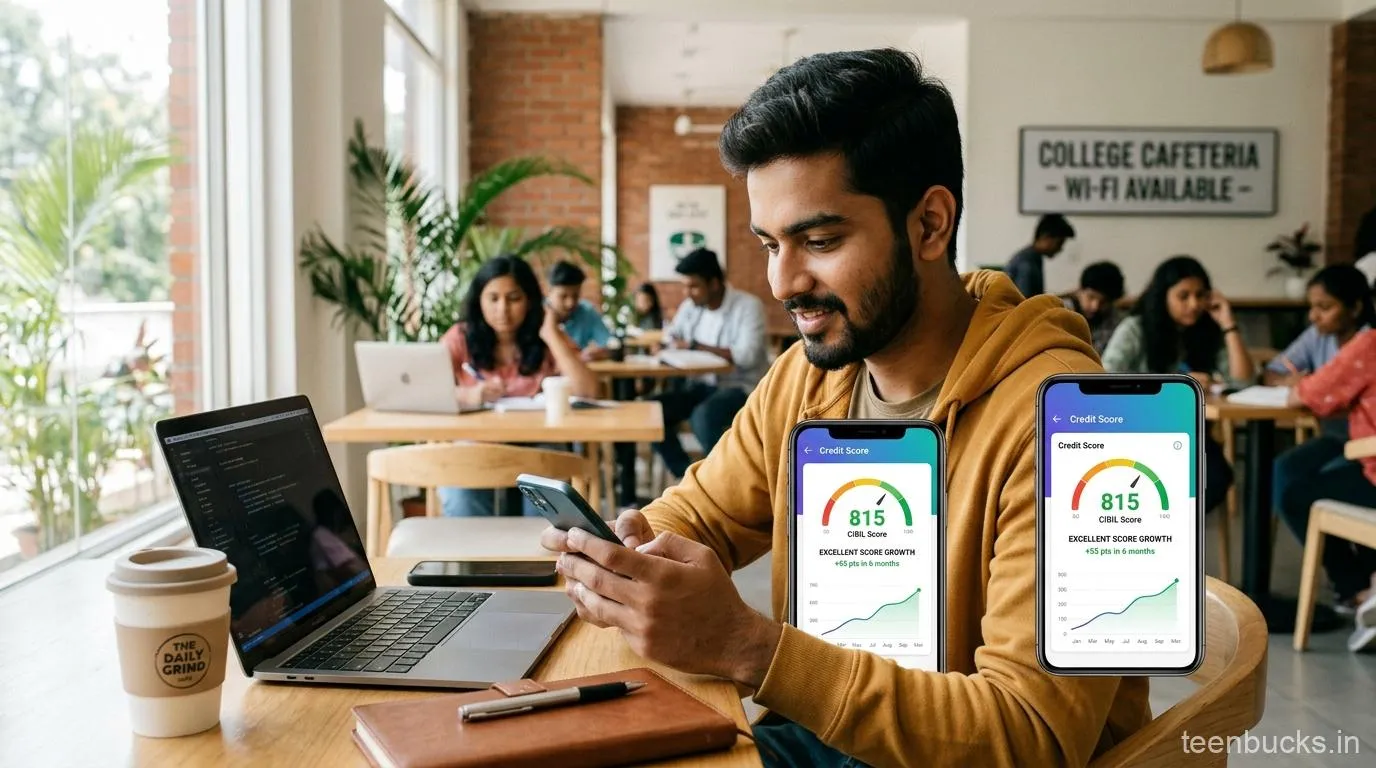 Indian student reviewing CIBIL score growth on credit card app