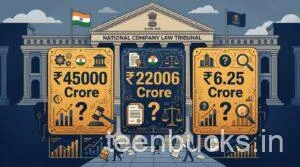 NCLT building with three rupee figures — ₹45,000 crore borrowed, ₹22,006 crore claims, ₹6.25 crore personal repayment — Subhash Chandra Essel Group insolvency 2026