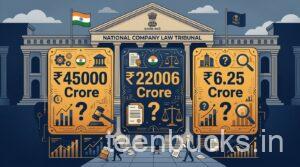 NCLT building with three rupee figures — ₹45,000 crore borrowed, ₹22,006 crore claims, ₹6.25 crore personal repayment — Subhash Chandra Essel Group insolvency 2026