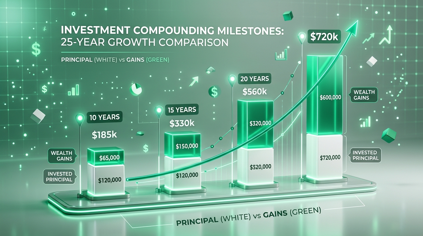 Investment compounding milestones showing 25 year growth comparison between principal and wealth gains