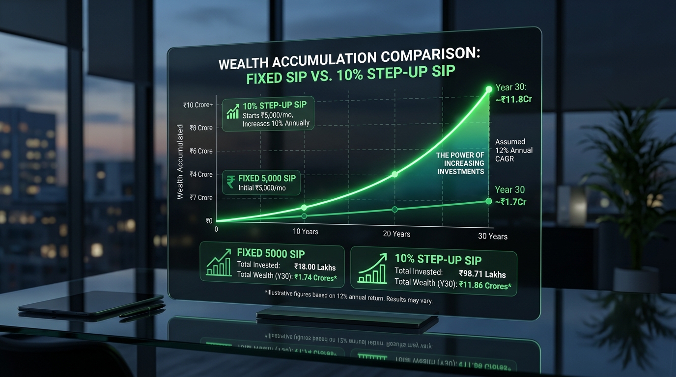 Wealth accumulation comparison showing Fixed SIP vs 10 percent Step-Up SIP