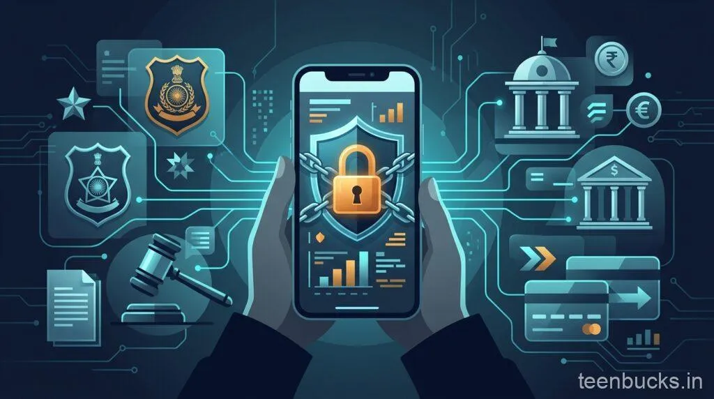 Smartphone showing frozen bank account with cyber police security shield and court gavel representing legal unfreezing procedure in India