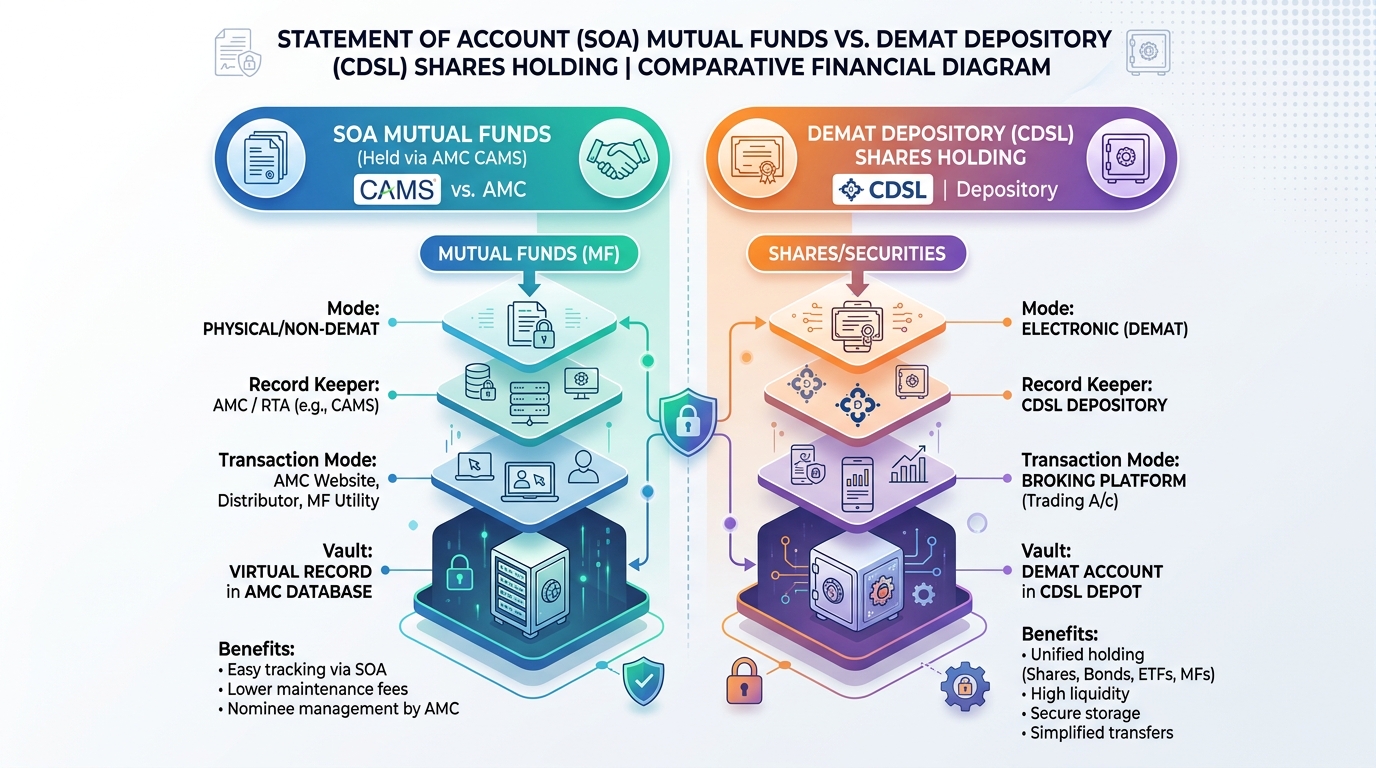 Comparative financial diagram showing Statement of Account SOA mutual funds vs Demat depository CDSL shares holding
