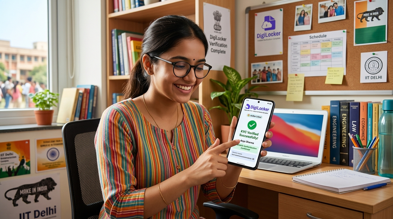Student completing instant 100 percent paperless digital KYC verification with DigiLocker on smartphone