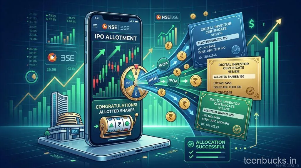 Smartphone showing BSE NSE IPO allotment screen with lottery draw mechanism and investor certificates by TeenBucks.in