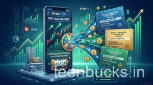 Smartphone showing BSE NSE IPO allotment screen with lottery draw mechanism and investor certificates by TeenBucks.in