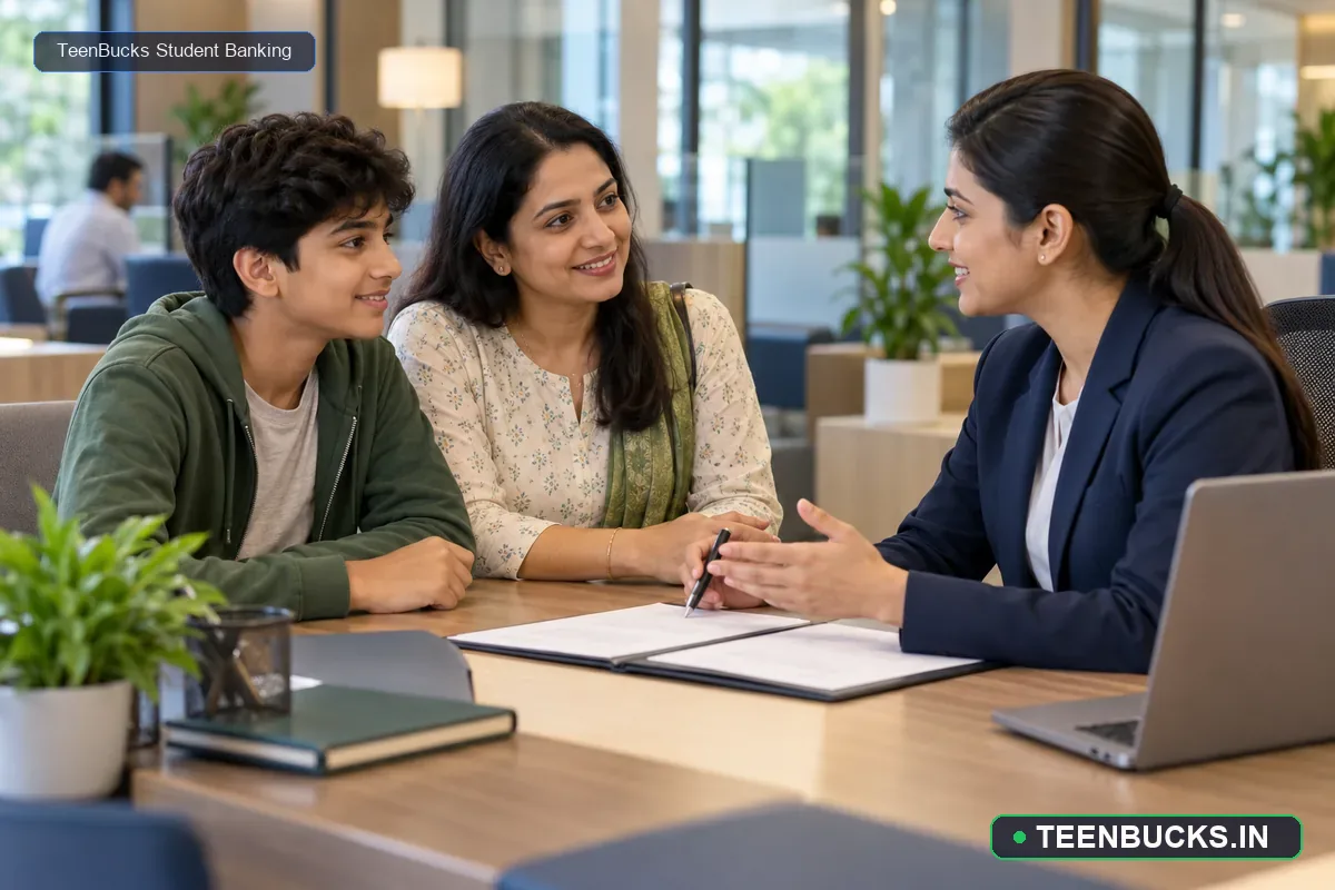 Minor student and guardian discussing a savings account with a bank officer