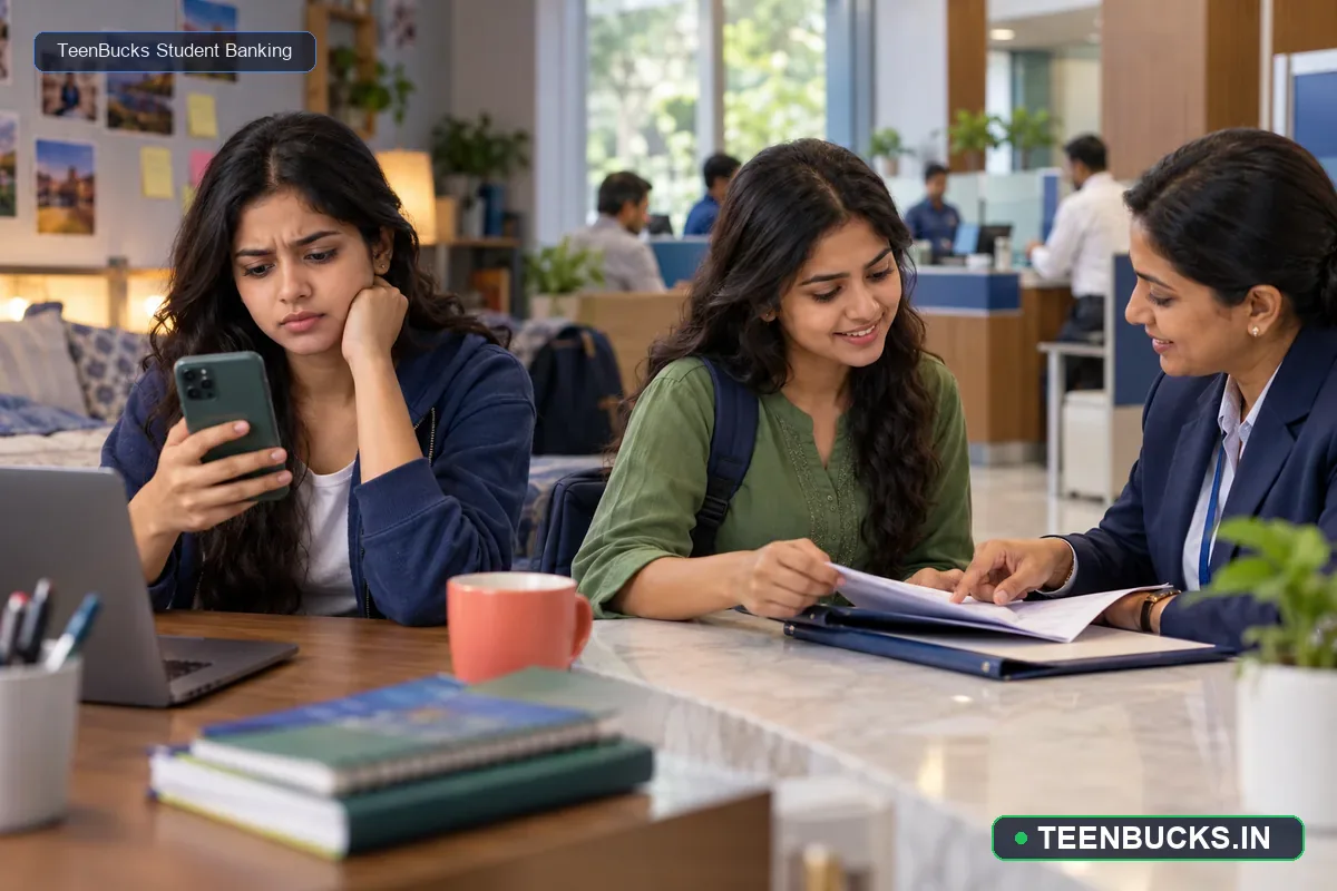 Student comparing an online bank account application with a branch application route