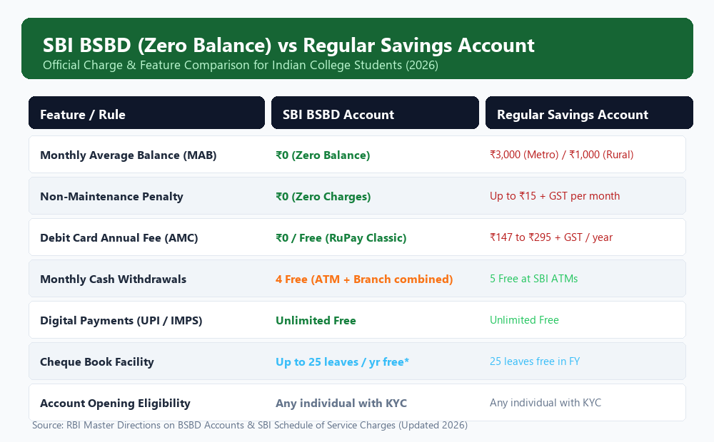 SBI BSBD Zero Balance vs Regular Savings Account Comparison for Students