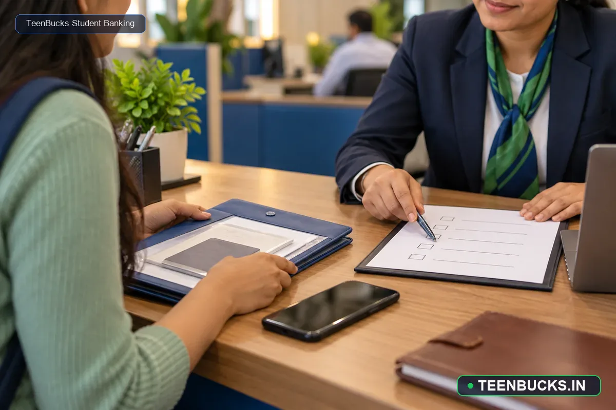 Student checking KYC documents with a bank representative before opening an account without PAN