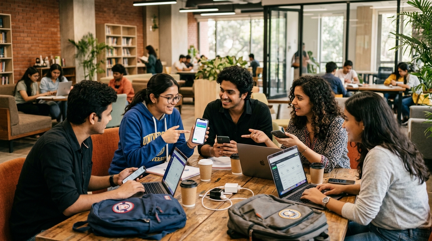 Group of college students in campus lounge discussing mutual fund SIP apps and portfolio choices