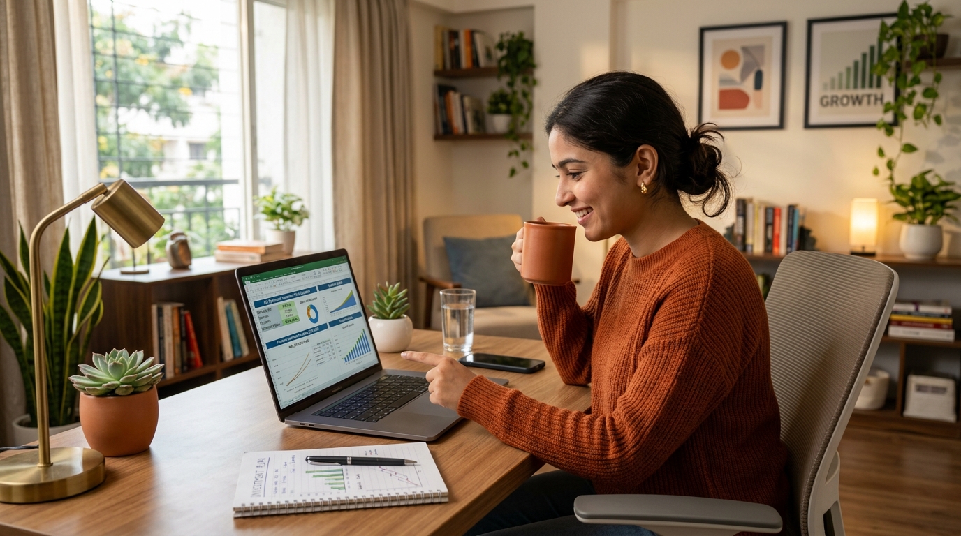 Young Indian woman planning SIP portfolio growth on laptop while drinking chai at modern home desk