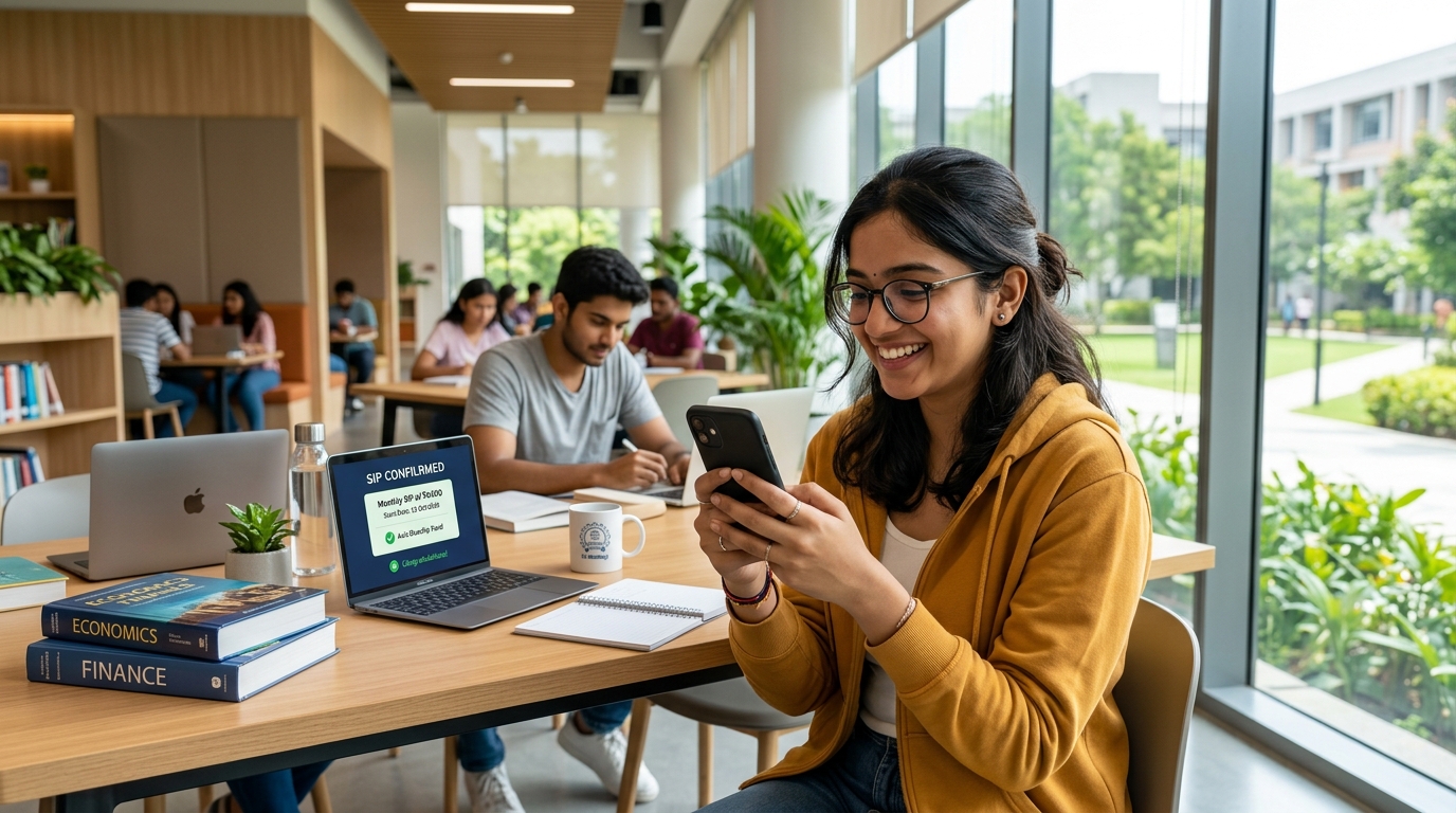 Indian student completing mutual fund SIP investment setup on smartphone in university library