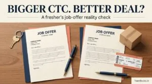 Comparison of two job offers for an Indian fresher: Offer A near home at ₹4.2 LPA CTC versus Offer B with relocation at ₹5.2 LPA CTC, highlighting monthly cash flow differences after essential living costs.