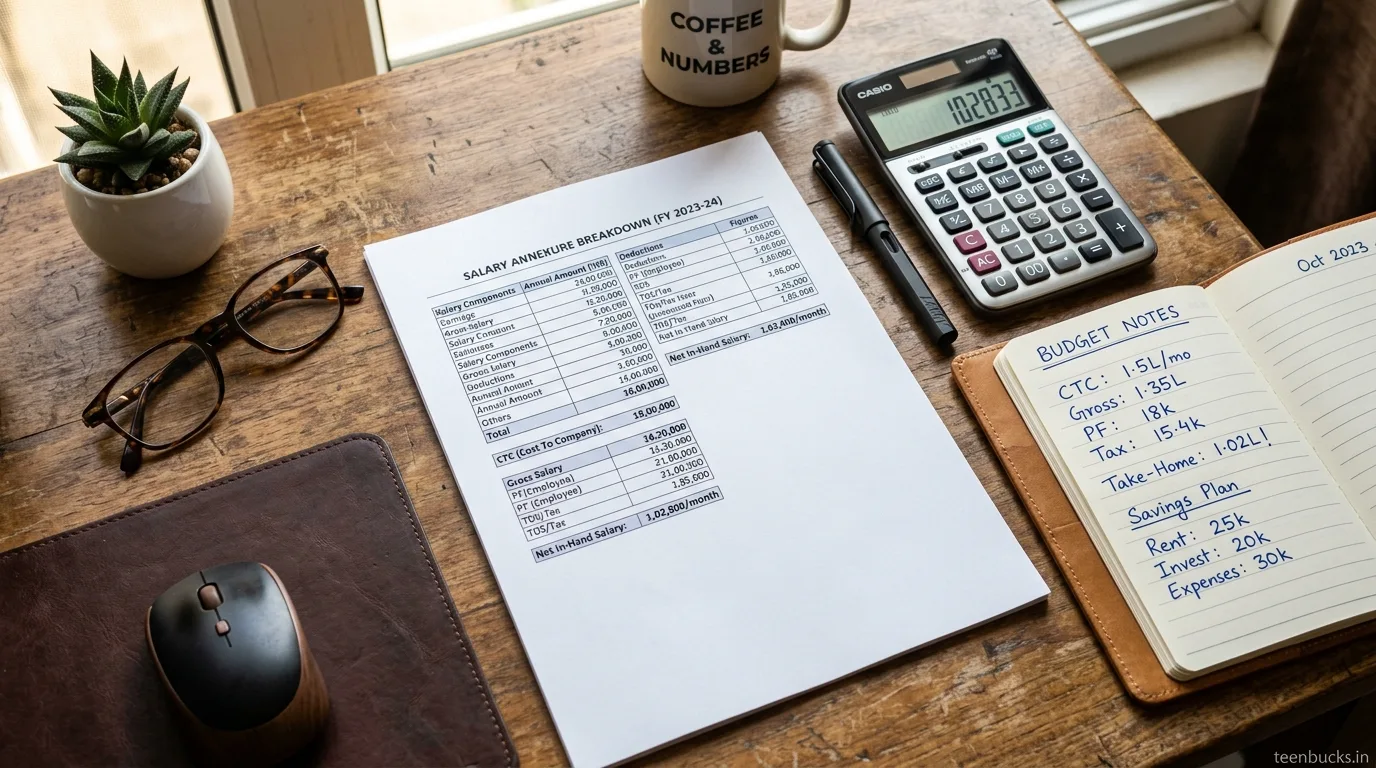 Sample Indian salary slip breakdown comparing CTC, gross pay and net salary