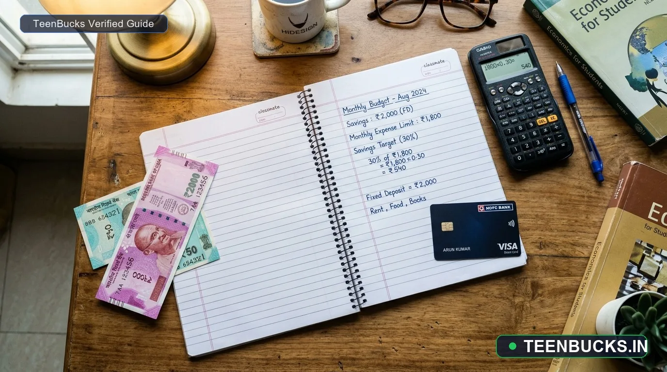 Fixed-deposit money, a plain bank card and a notebook with a calculator on an Indian student's study desk