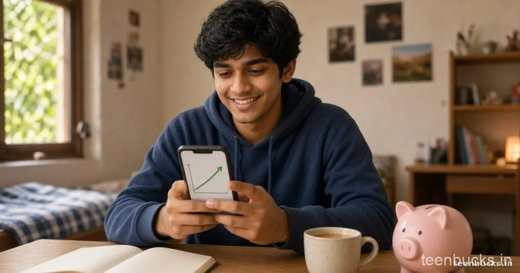 Smiling student at a desk looking at a rising graph on his phone, with a piggy bank beside him