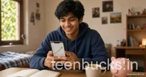 Smiling student at a desk looking at a rising graph on his phone, with a piggy bank beside him