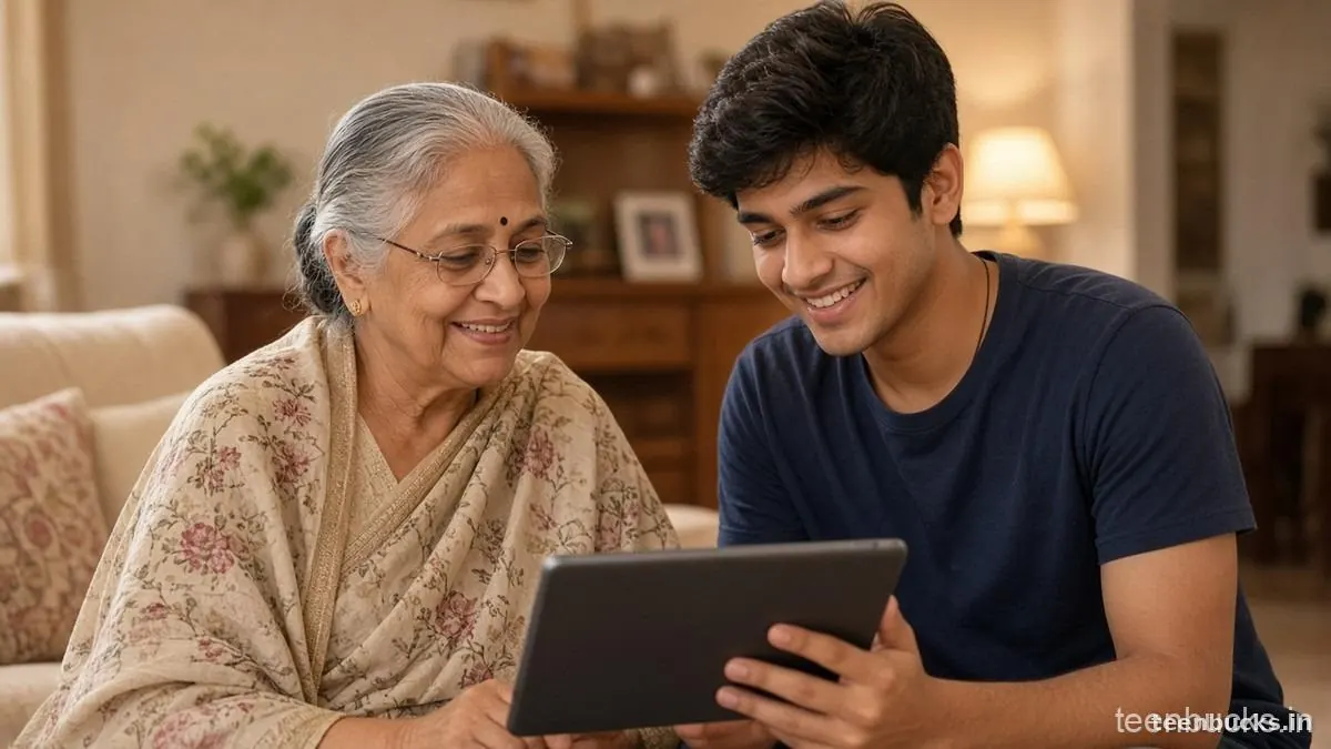 Young man showing his grandmother something on a tablet at home