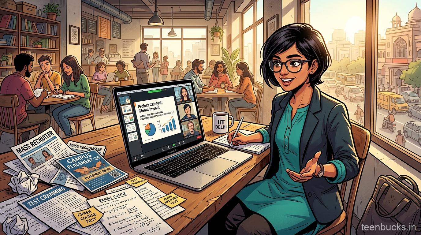 Confident young Indian female student pitching international clients on laptop, moving beyond campus placement mass recruiter anxiety