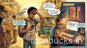 Indian college student walking under hot sun to save 20 rupees on auto compared to high value freelance design project