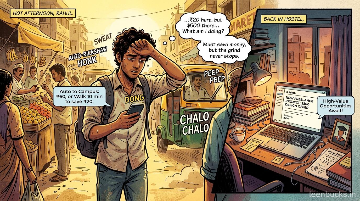 Indian college student walking under hot sun to save 20 rupees on auto compared to high value freelance design project