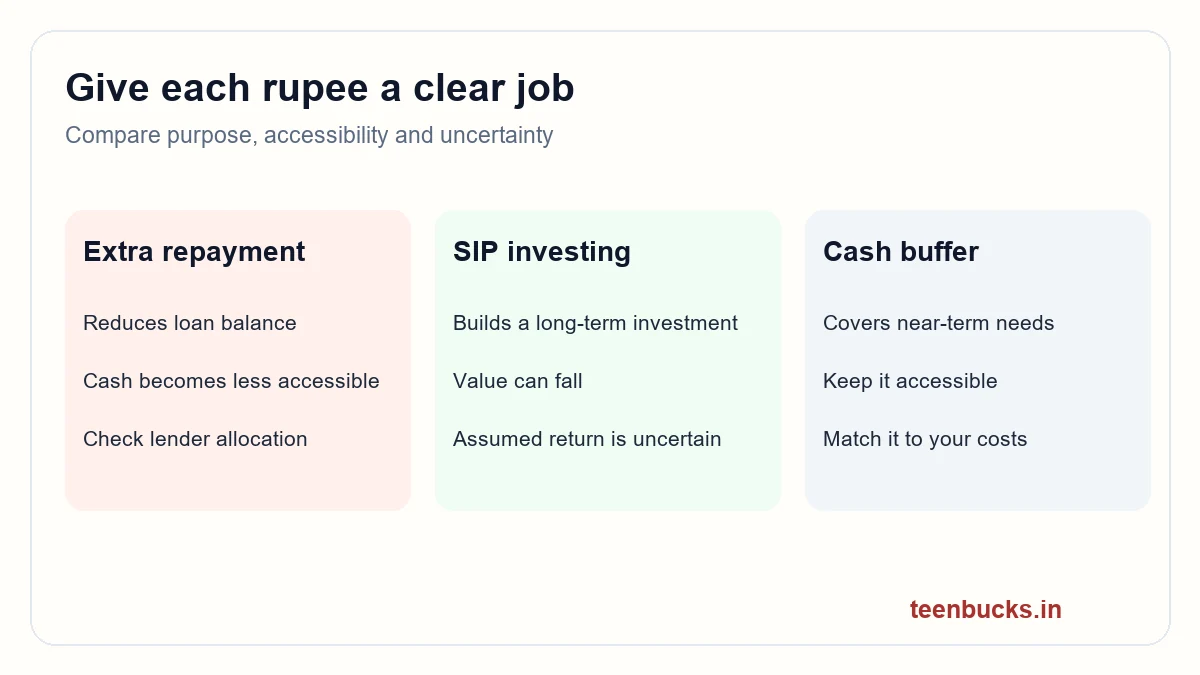 Comparison of loan repayment, SIP investing and accessible cash by purpose and uncertainty