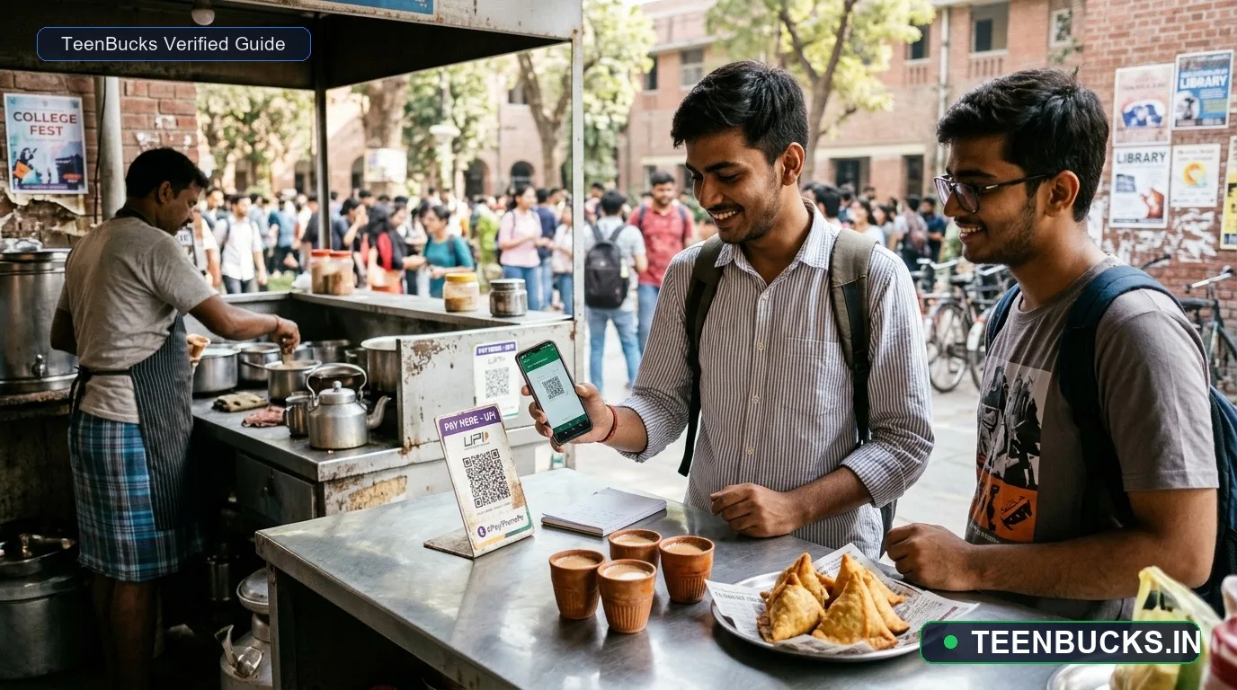 Two Indian students at a campus chai and samosa stall with a merchant QR payment stand