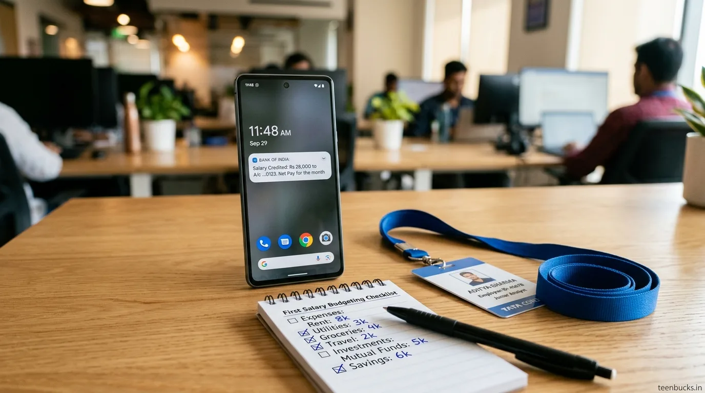 Bank salary credit notification SMS of Rs 28000 on smartphone with first salary budgeting checklist
