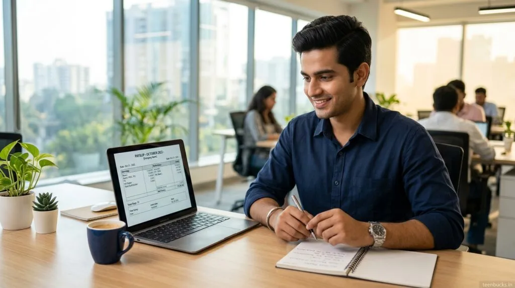 Indian professional reviewing digital salary slip on laptop CTC vs In Hand