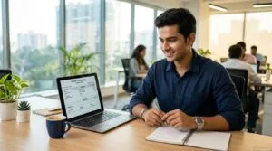 Indian professional reviewing digital salary slip on laptop CTC vs In Hand