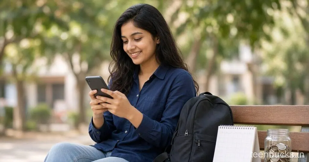 Student on a park bench checking her phone, with a backpack, desk calendar and a jar of coins