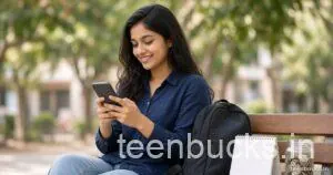 Student on a park bench checking her phone, with a backpack, desk calendar and a jar of coins