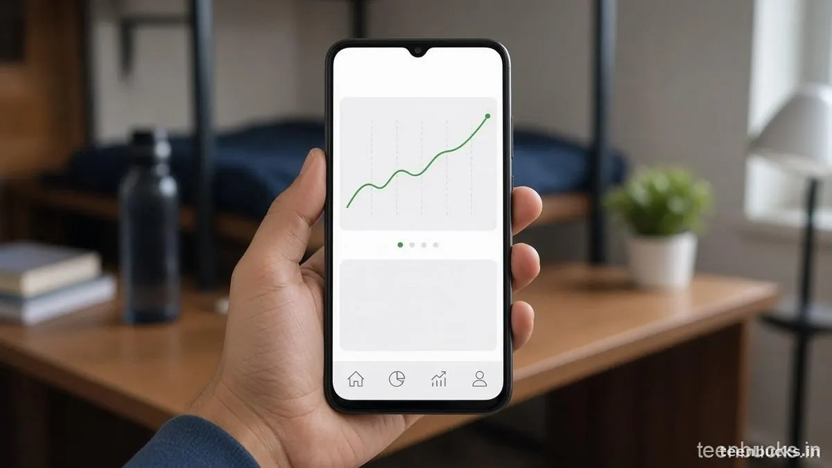 Hand holding a phone that shows a simple upward line chart