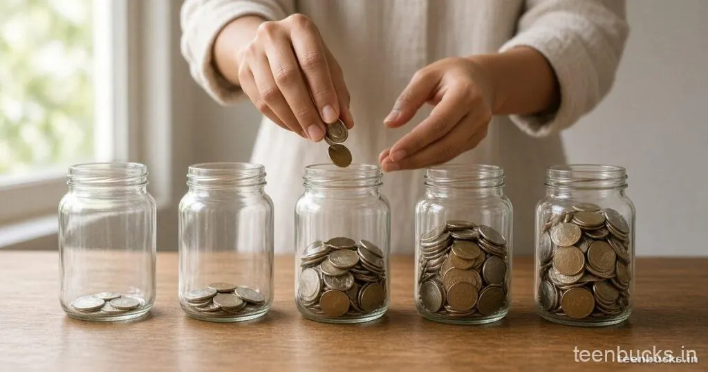 Hand dropping coins into five glass jars that fill up from left to right