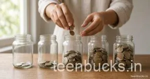 Hand dropping coins into five glass jars that fill up from left to right