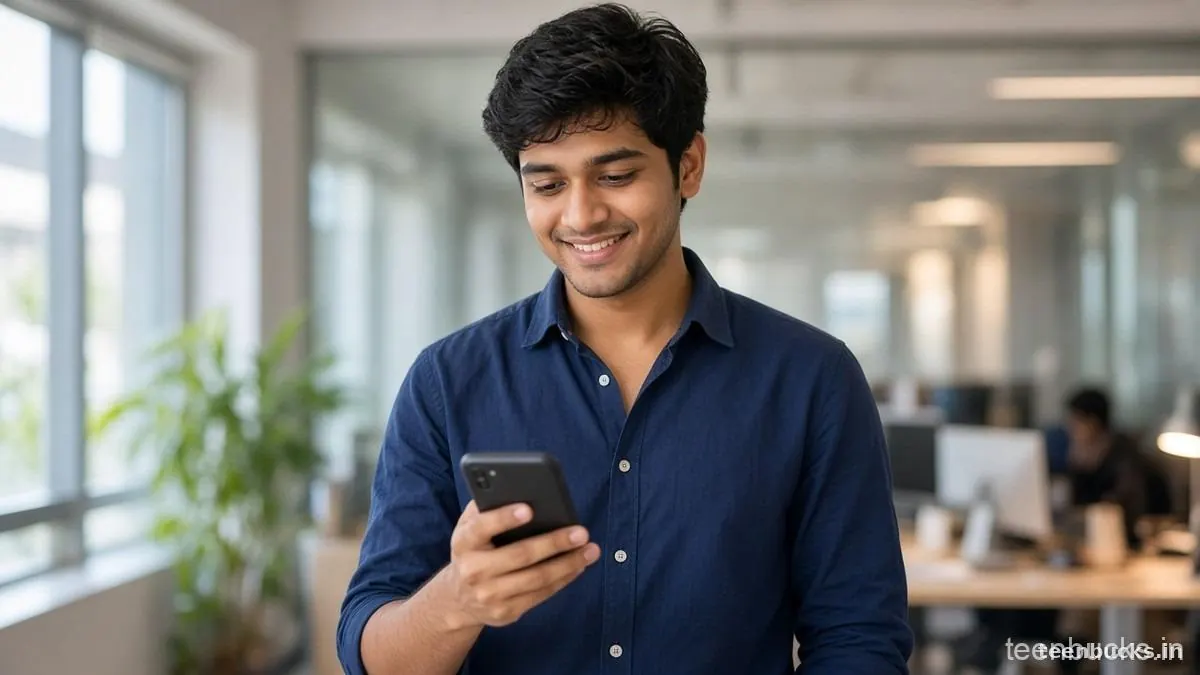Young man in a navy shirt smiling at his phone in an office