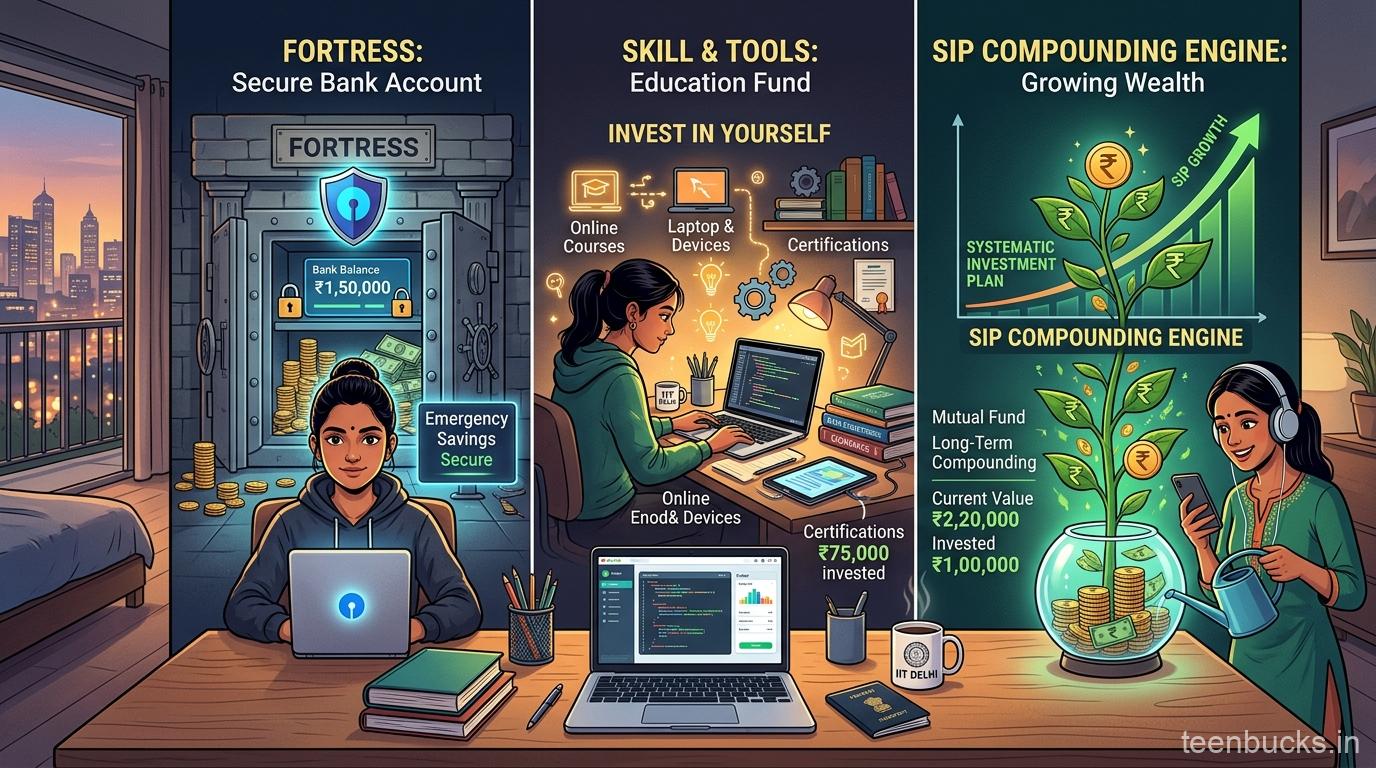 Diagram of three bank account buckets for Indian college students: savings fortress, skill and tools fund, and SIP compounding engine