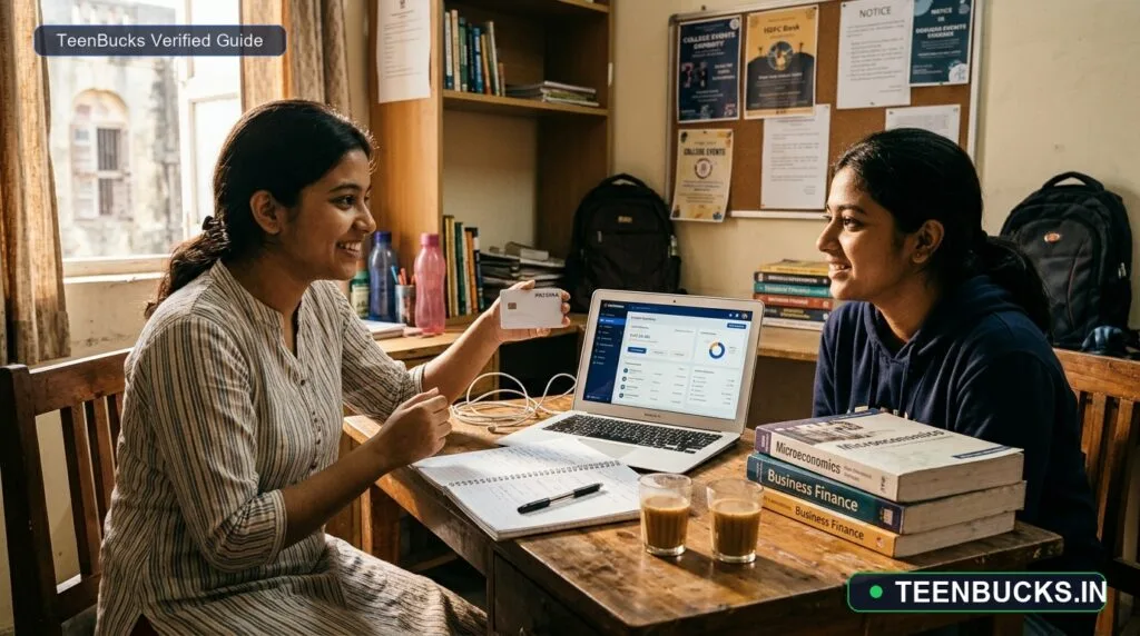 Two Indian students discussing a payment card at a hostel desk with a laptop and cups of chai