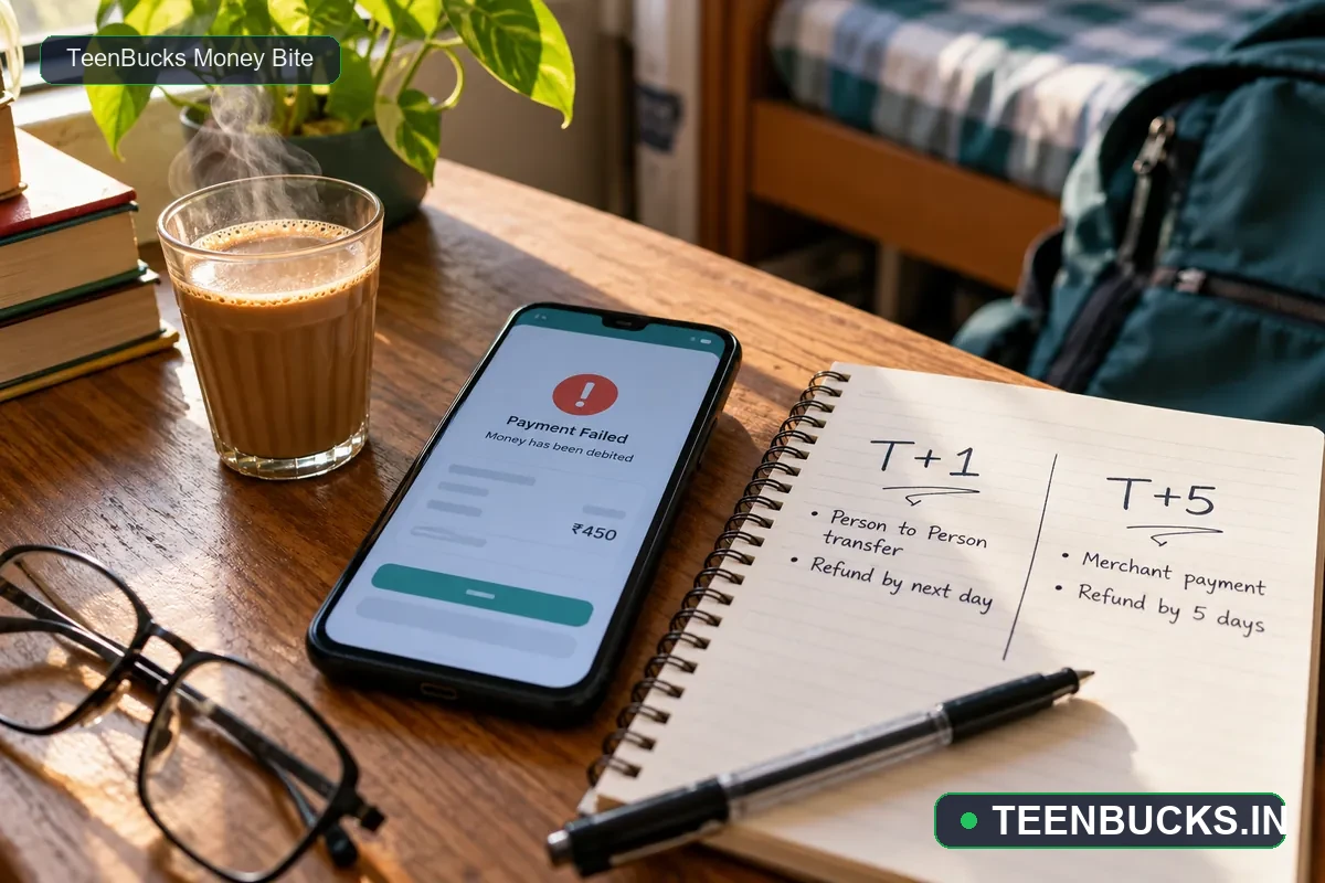 Student notebook comparing RBI T+1 and T+5 UPI failed-payment refund deadlines