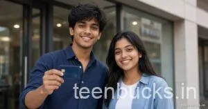 Two students smiling outside a building, one holding up a debit card