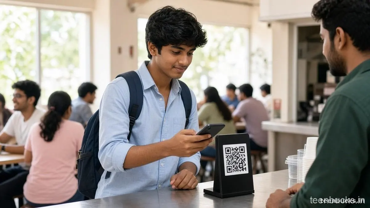 Student paying by scanning a QR code at a college canteen counter